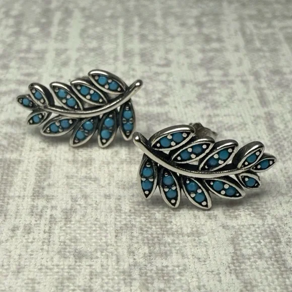 New Sterling Silver & Natural Turquoise Leaf Earrings - Picture 2 of 5